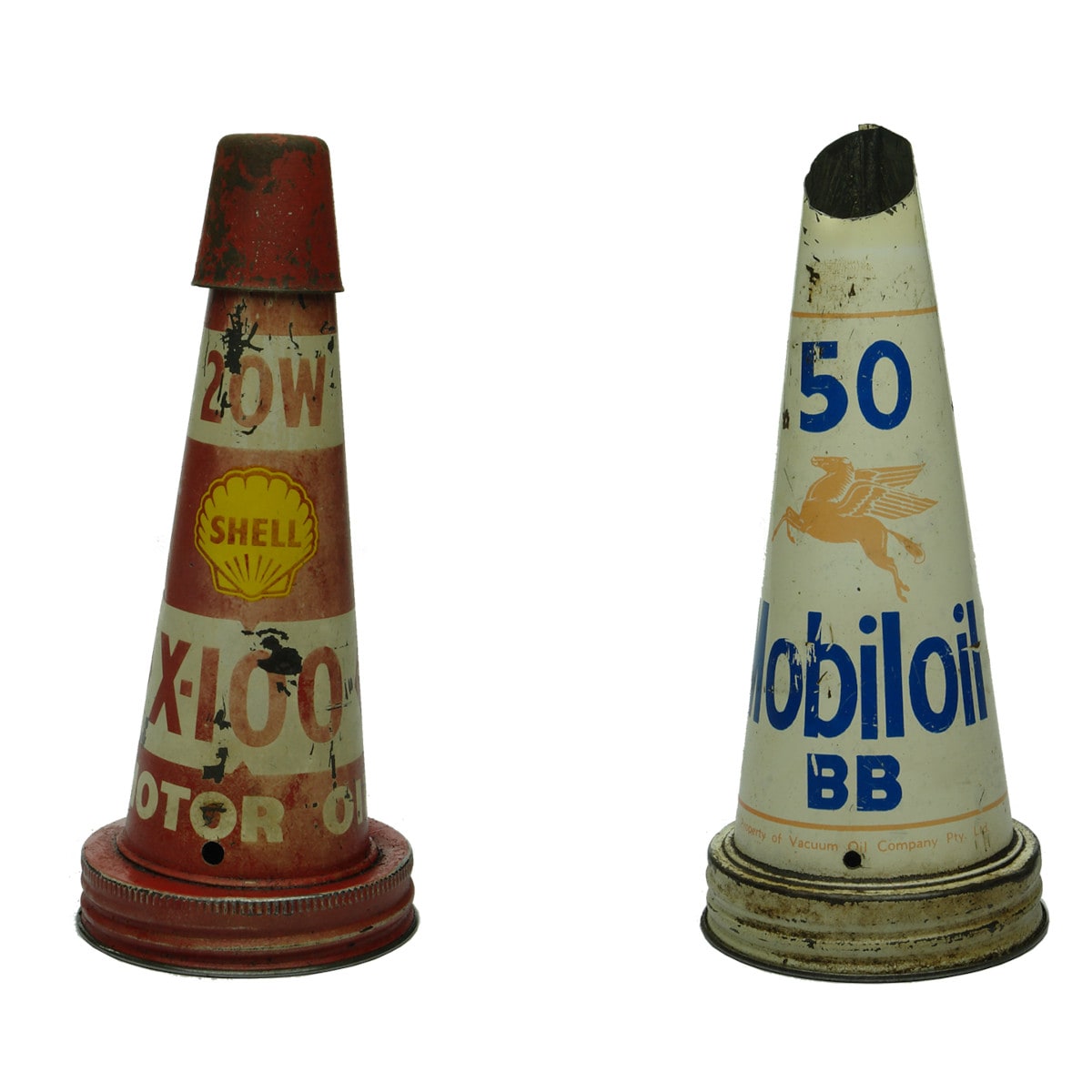 Two Tin Oil Pourers. Shell. X-100. With red tin cap. AND Mobiloil, Vaccum Oil Company.