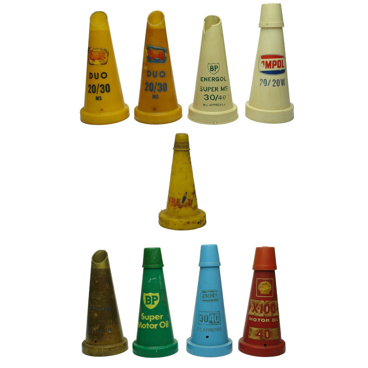 Nine Plastic Pourers. Eight by large Oil types: Golden Fleece; Ampol; BP; Shell. Plus a little Firezone pourer. BP, Ampol, Shell and Firezone have correct plastic caps as well.