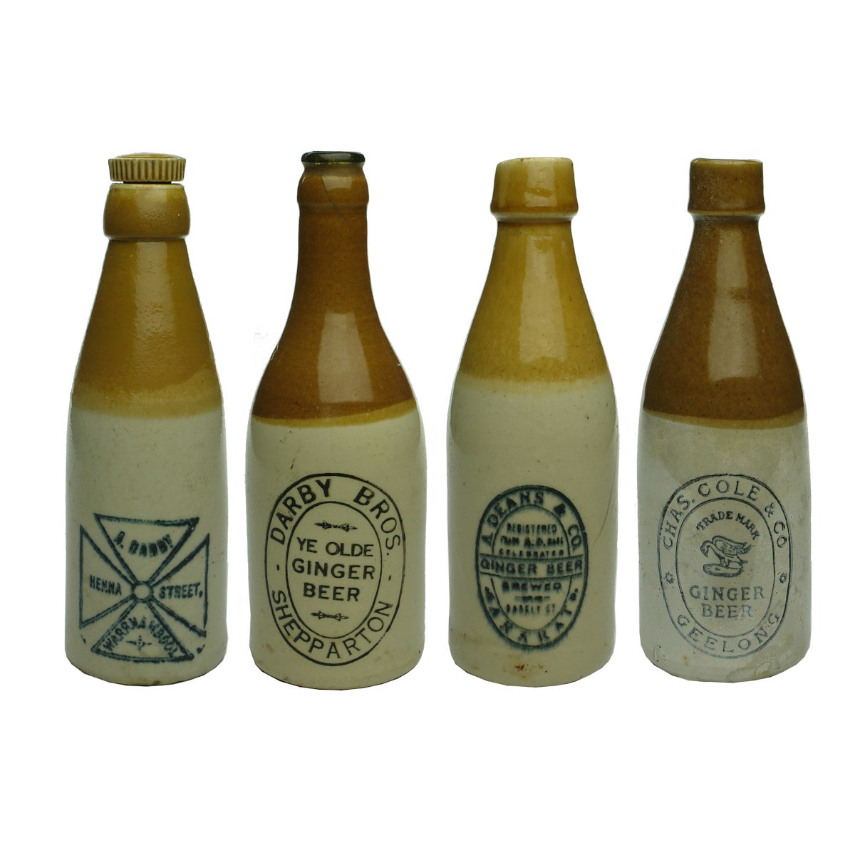 Four repaired Victorian Ginger Beers: A. Darby, Warrnambool; Darby Bros. Shepparton; Deans, Ararat and Chas Cole & Co., Geelong. (Victoria)