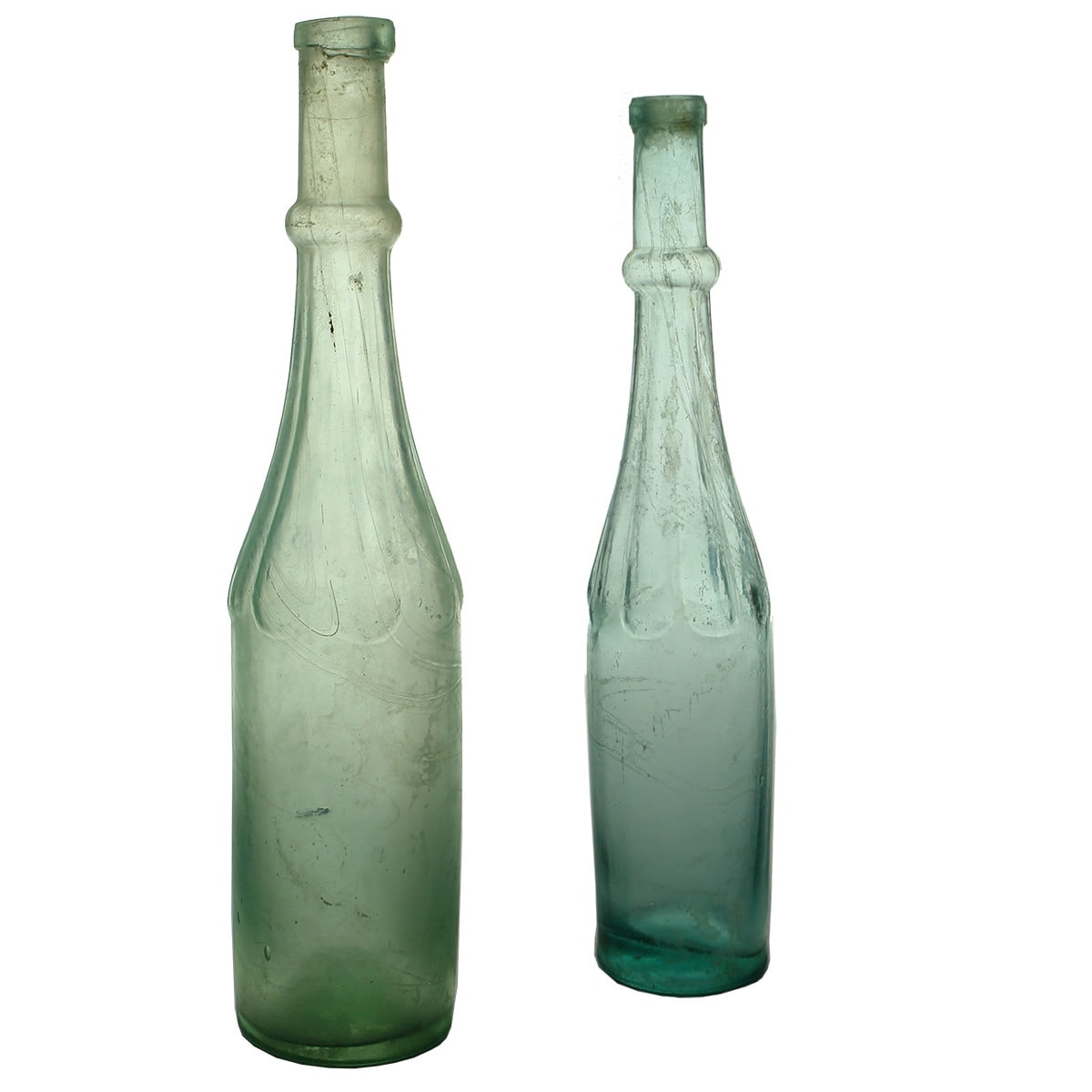 Pair of Goldfields Salad Oils. Both with eight teardrop shapes over shoulder. Aqua. Large and Small.