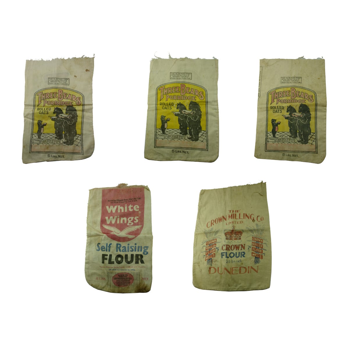 Fives Oats/Flour Bags. 3 different Three Bears Rolled Oats with patterns on the back. White Wings & Crown Milling, Dunedin. (Australia & New Zealand).