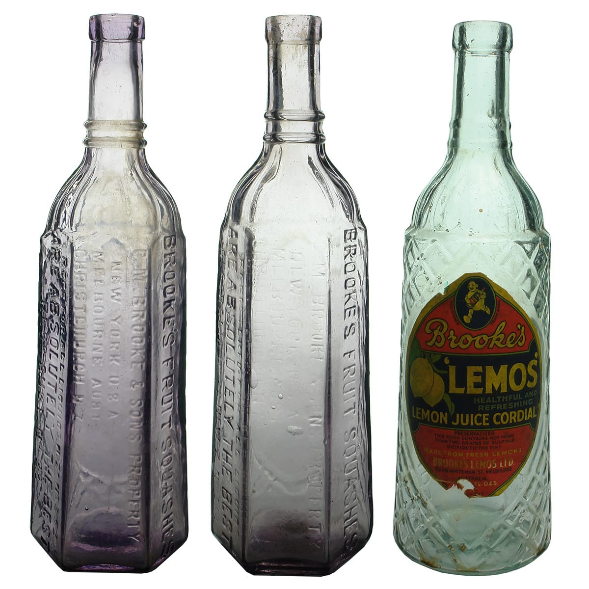 Three Brooke's Cordials. Brooke's Fruit Squashes & Lemos. 26 oz.