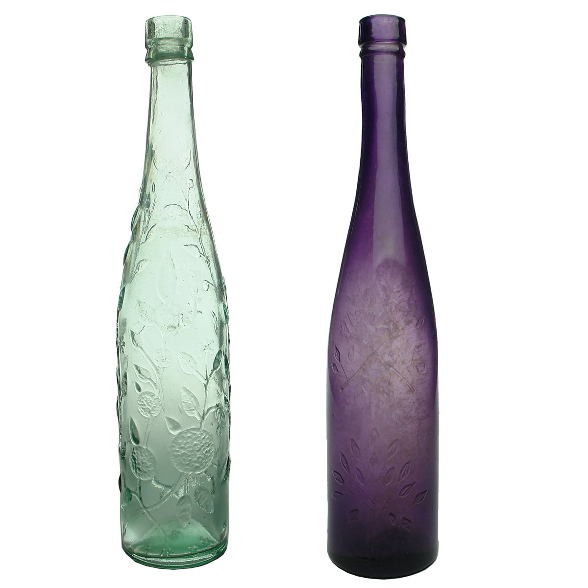 Pair of Cordials. L. Rose & Co.  Aqua.  26 oz. & Fruit and branches. Lemon or Lime Tree. Purple. 26 oz.