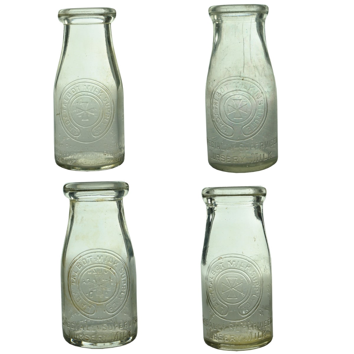 Four Lady Talbot Milk Institute Bottles. Half Pint & 8 oz.