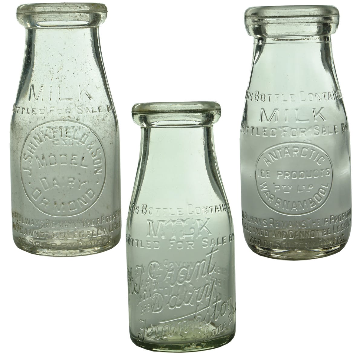 Three Half Pint Milks: Shinkfield, Ormond; Antarctic Ice, Warrnambool; Grant, Frankston. (Victoria)