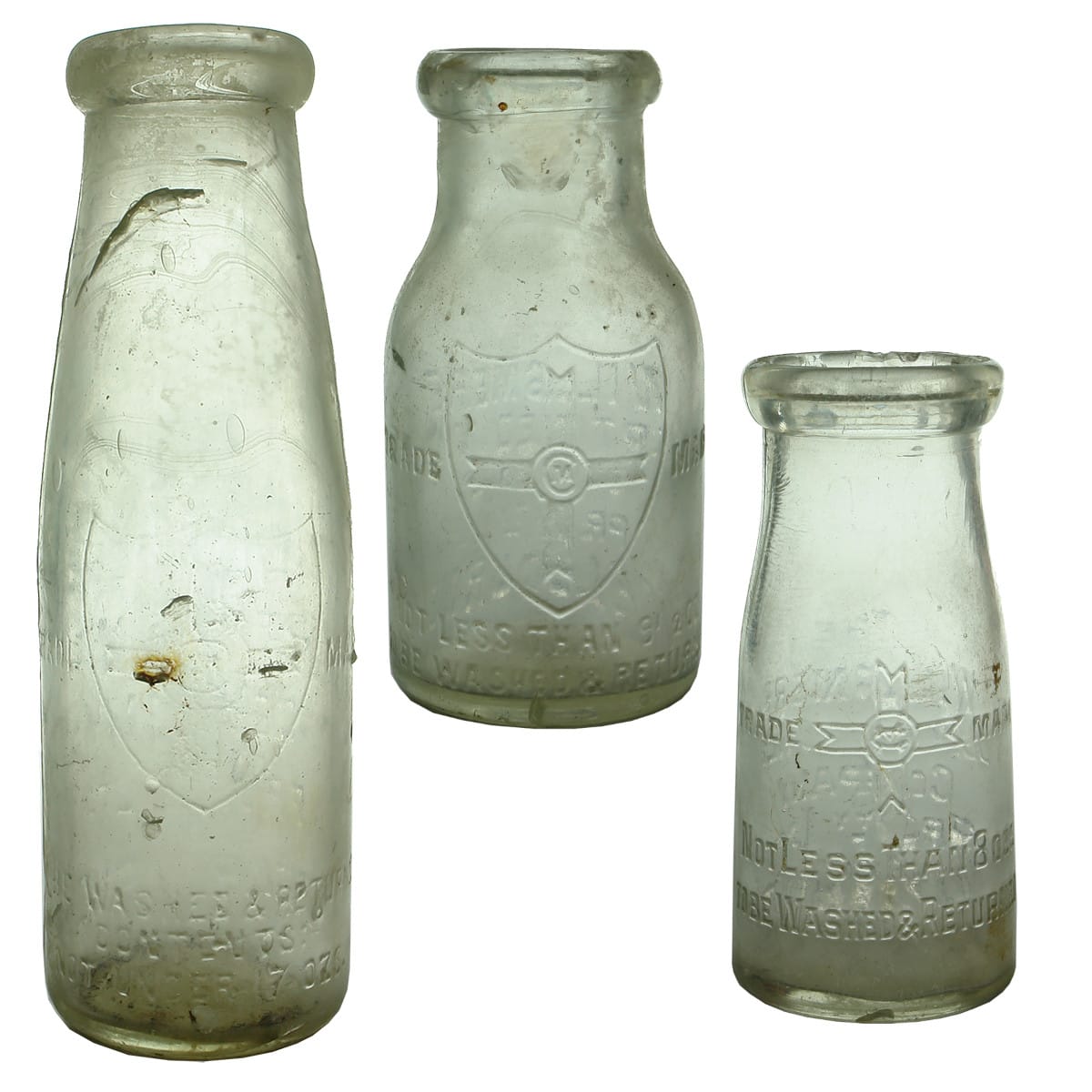 Three damaged Willsmere wide mouth Milks and Creams. Tall 17 oz; Squat 9.5 oz and skiny 8 oz. (Melbourne, Victoria)