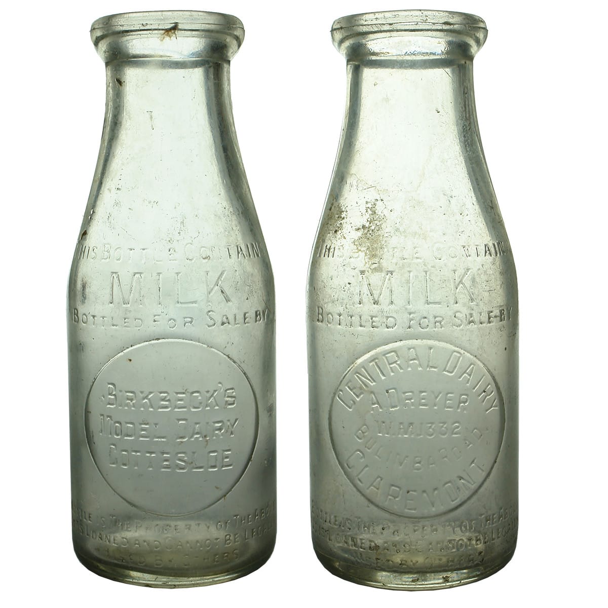 Pair of Pint Milks: Birkbeck's, Cottesloe & Dreyer, Claremont. (Western Australia)