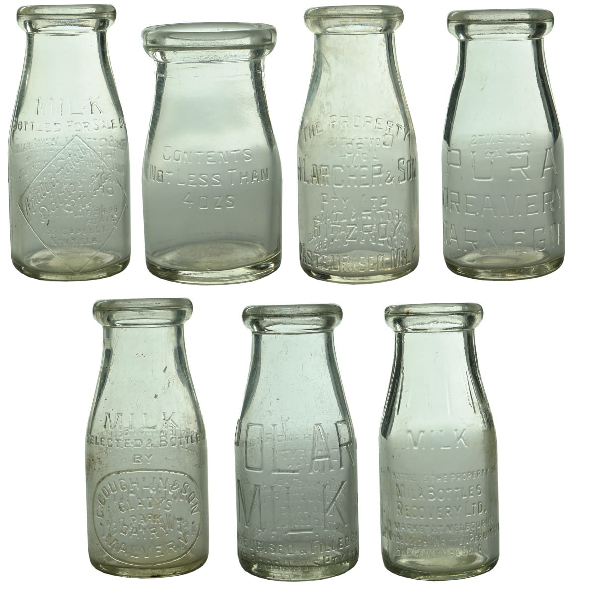 Group of milks: Amalgamated Dairies, Nth Melb.; plain 4 oz cream; Larcher & Son, Fitzroy; Pura Creamery, Carnegie; Coughlin & Son, Malvern; Polar Milk, Geelong; Milk Bottles Recovery Ltd., Melbourne.