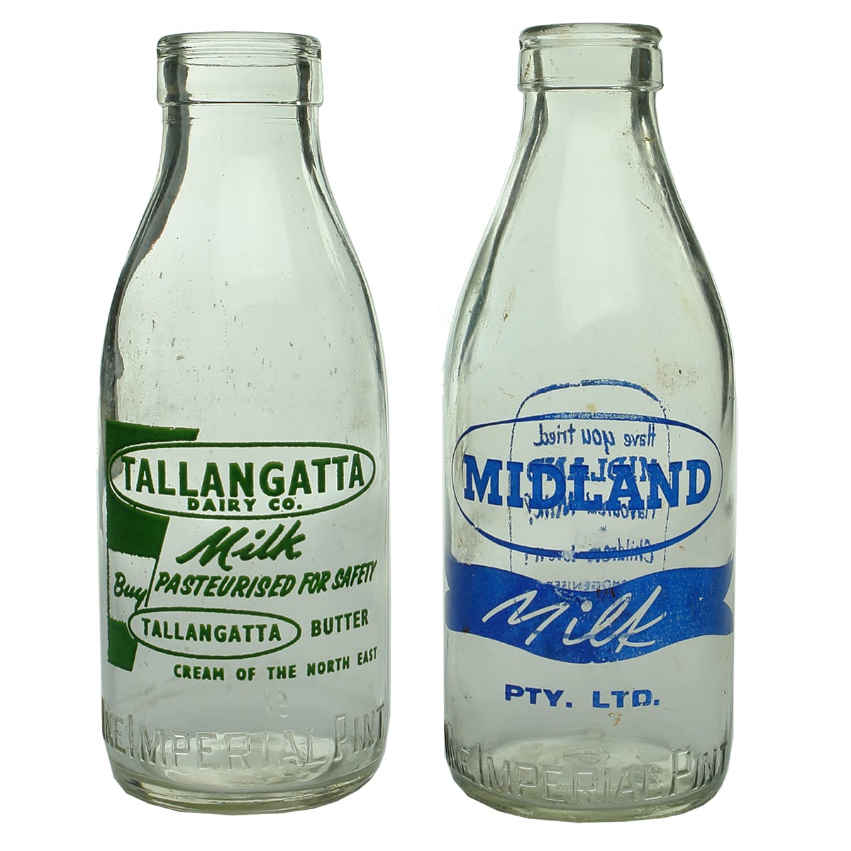 Pair of ceramic label milks: Tallangatta Dairy co.; Midland Milk Pty. Ltd. (Victoria)