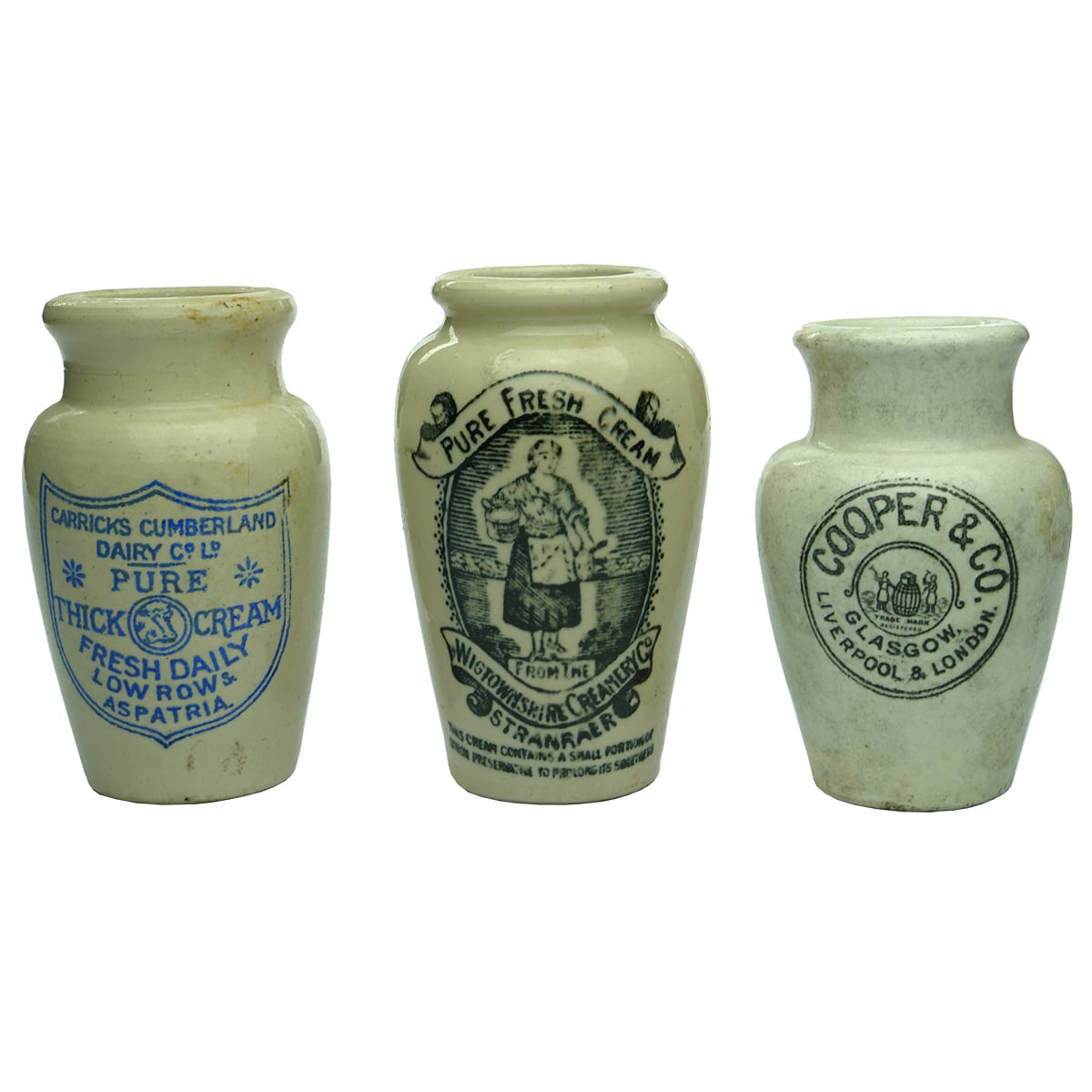 Three Cream Pots: Carricks Cumberland Dairy Co; Wigtownshire Creamery Co, Stranraer; Cooper & Co, Glasgow, Liverpool & London.