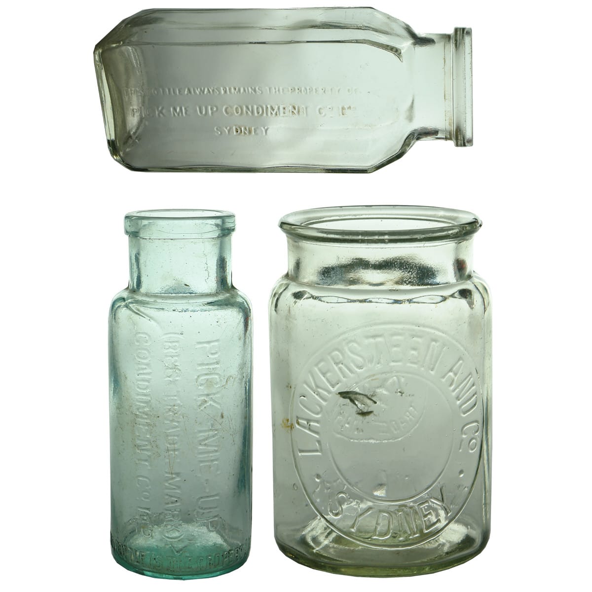 Three Sydney Jars: Oblong later Pick-MeUp Condiment Co.; Small earlier Pick-Me-Up Condiment Co. and Lackersteen and Co. (New South Wales)