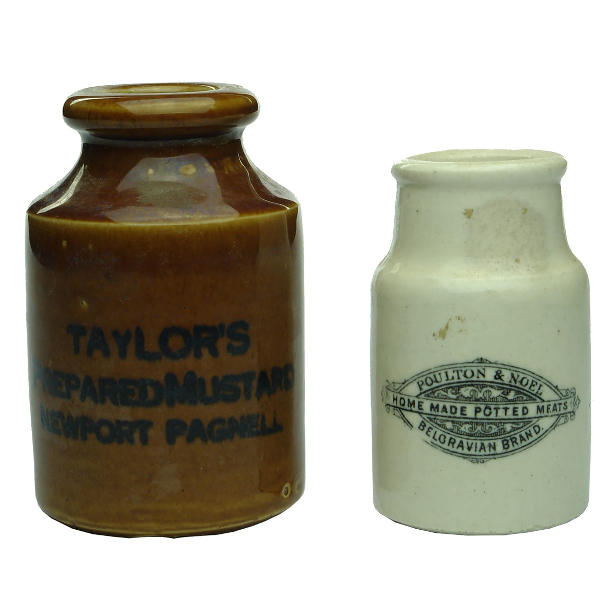 Two food jars: Taylor's Mustard, Newprt Pagnell; Poulton & Noel Potted Meats.