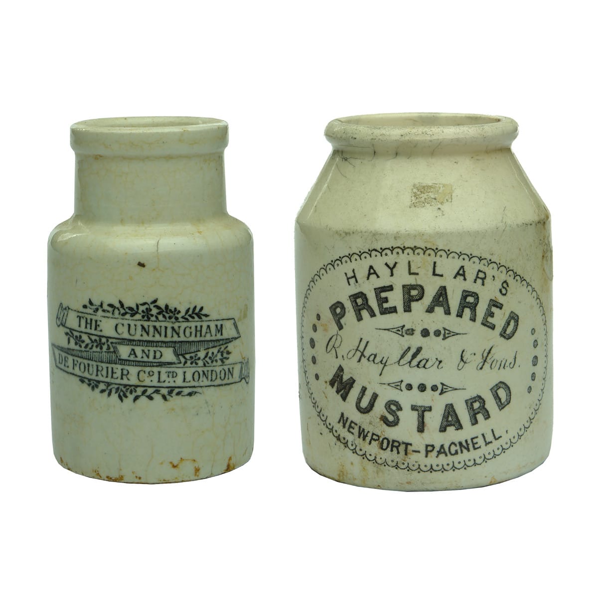 Two Mustard Jars: Cunningham and De Fourier, London & Hayllar's, Newport-Pagnell.