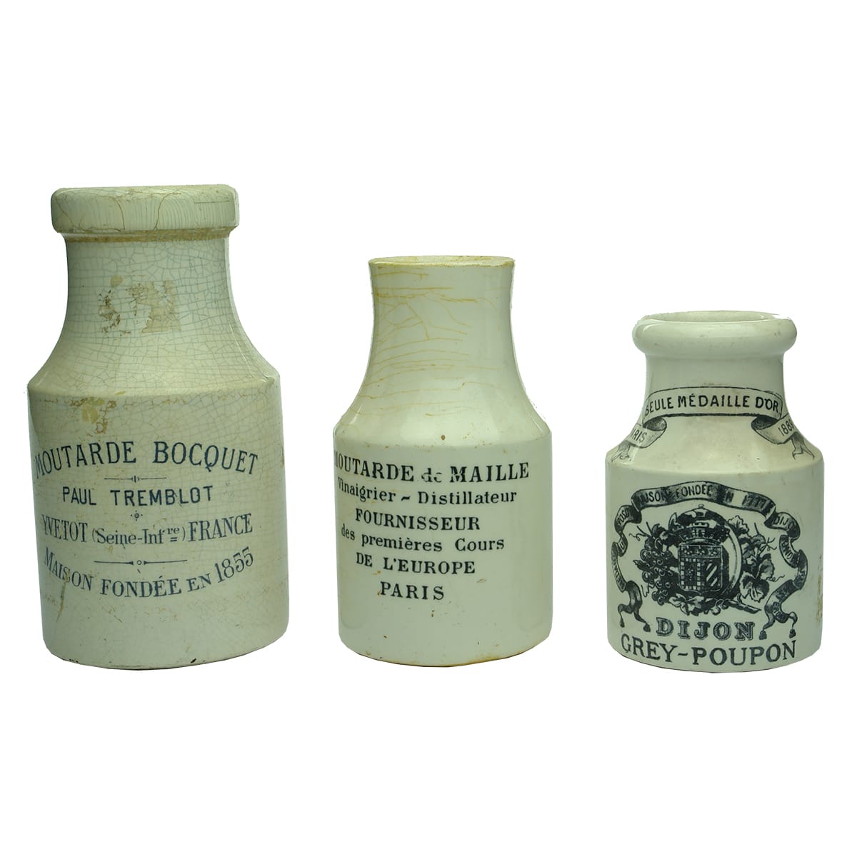 3 x Mustard Jars: Paul Tremblot, Yvetot Moutarde Bocquet; Moutarde de Maille, Paris; Moutarde Dijon, Grey Poupon.