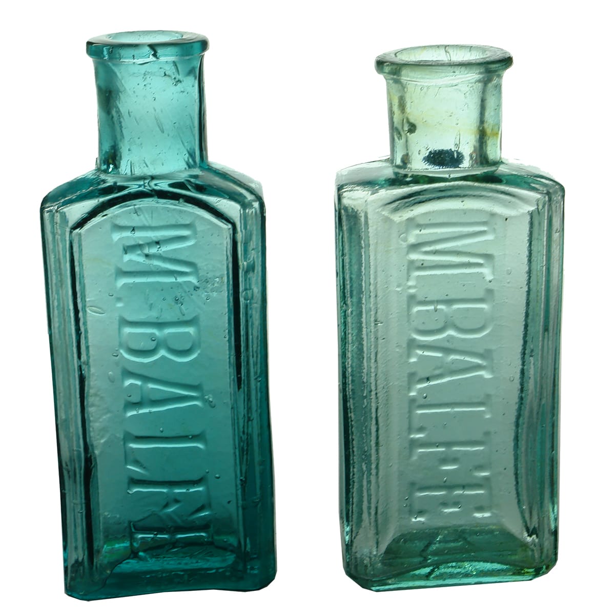 Two M. Balfe hat dye bottles. Crude types. Darker Blue Aqua and Aqua. (Victoria)