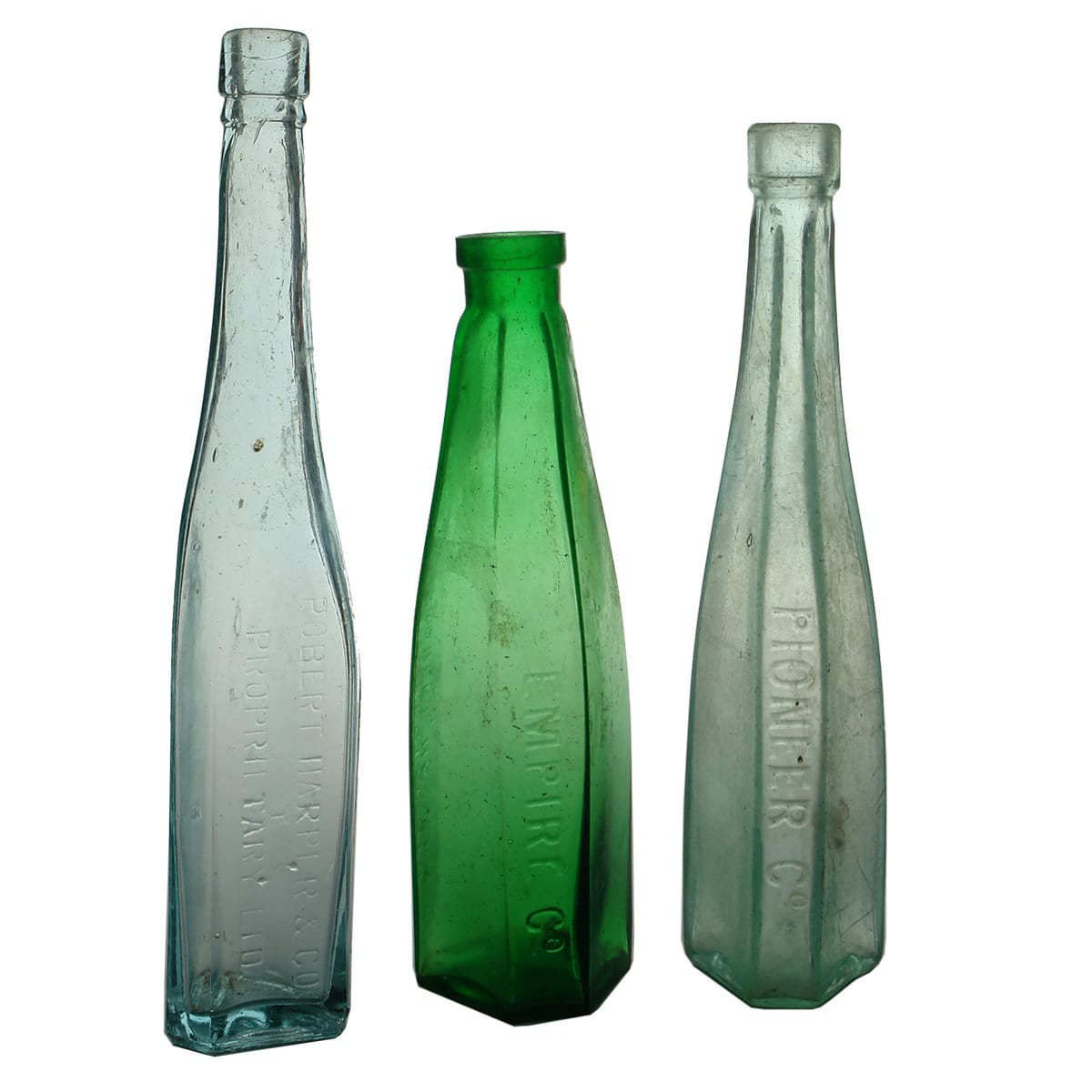 Three Robert Harper Bottles: Tall pale ice blue. Small Pioneer. Green Empire Co. (Victoria)