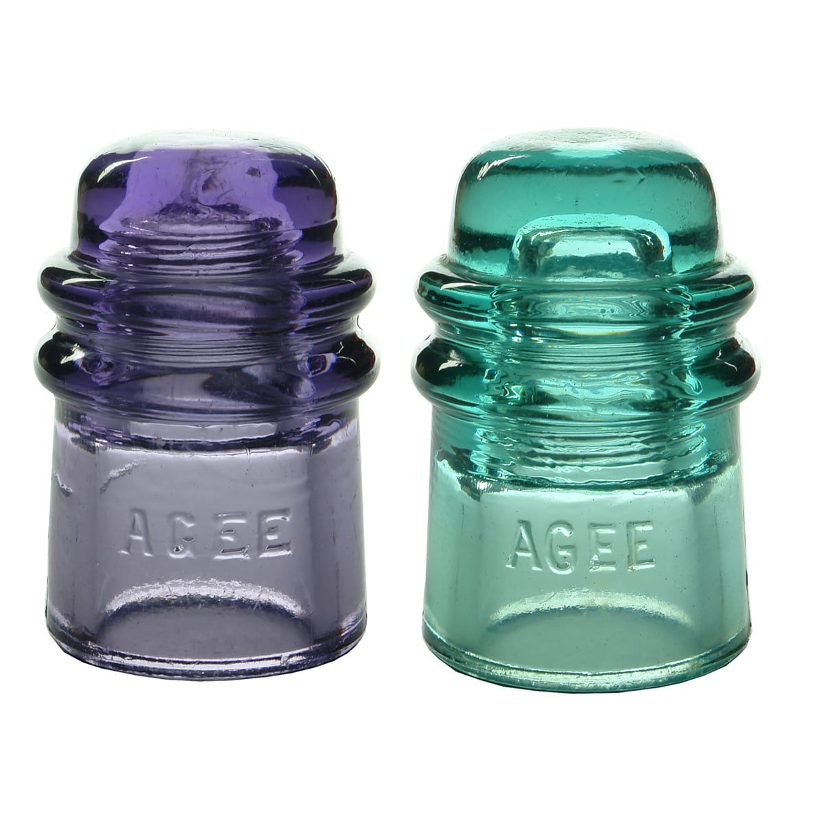 Pair of CD121 Glass Insulators. Amethyst & Aqua.