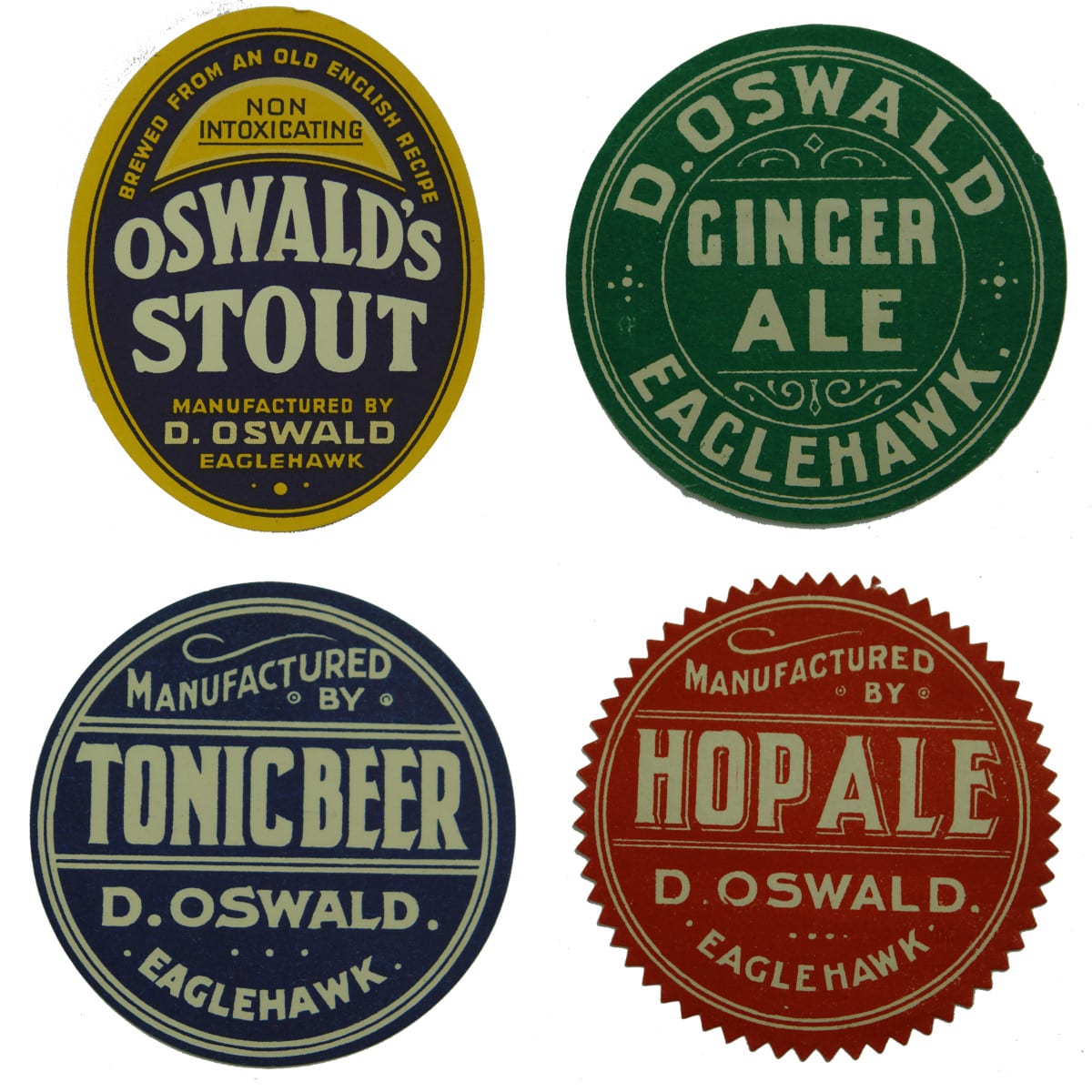 Labels. 4 x Oswald, Eaglehawk variations. (Victoria)