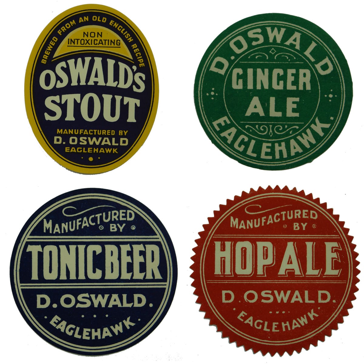 Labels. 4 x Oswald, Eaglehawk variations. (Victoria)