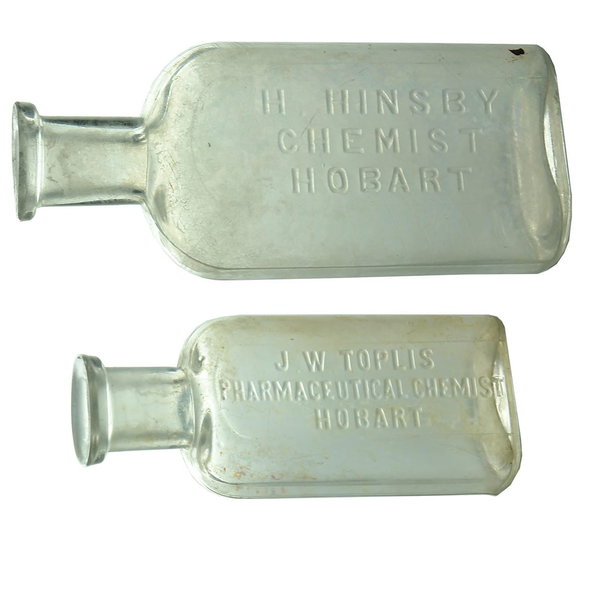 Two Hobart Chemists: Hinsby & Toplis. Clear. 3 & 1 oz. (Tasmania)