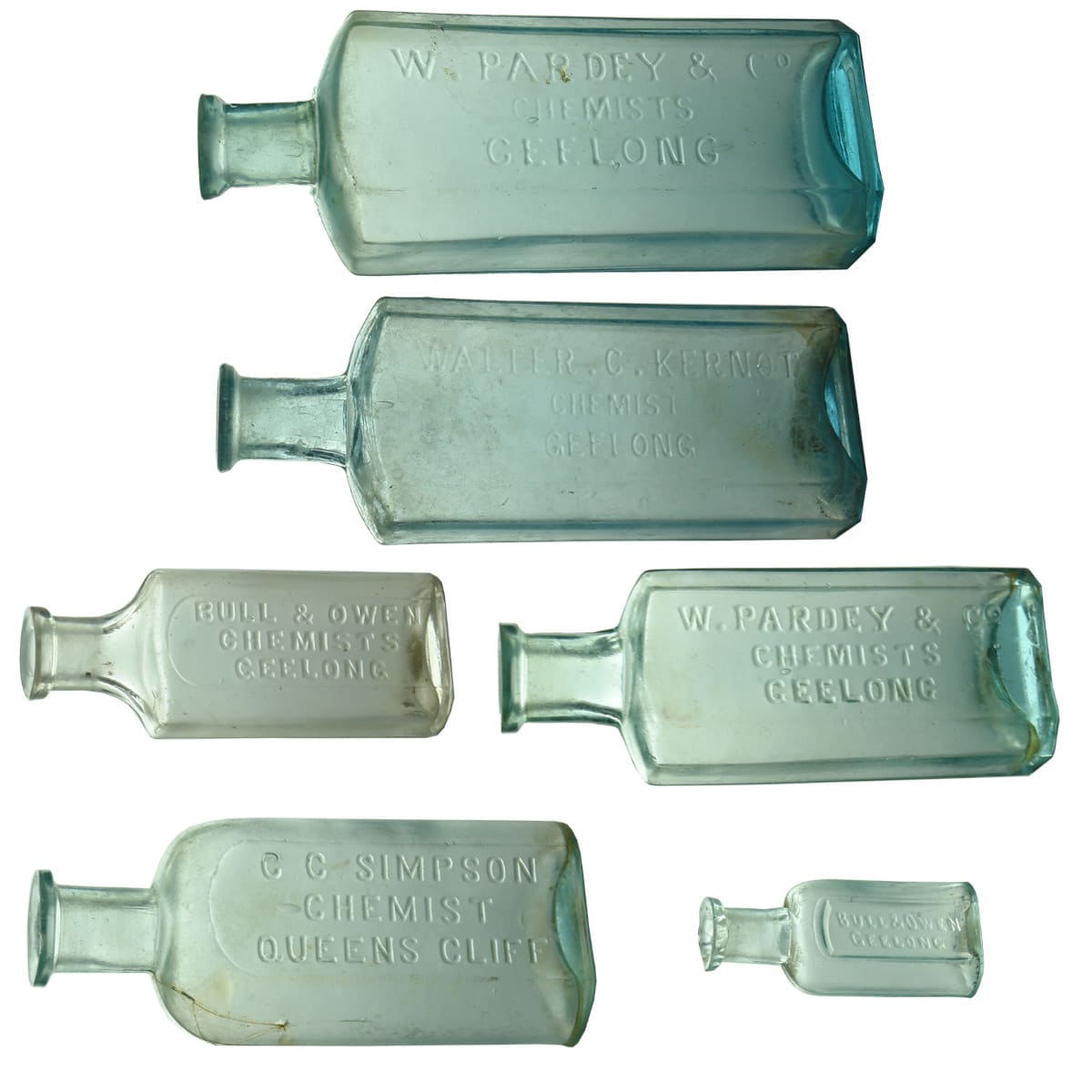 Six Geelong/Bellarine Chemist Bottles: Pardey; Kernot; Bull & Owen; Simpson, Queenscliff. (Victoria)