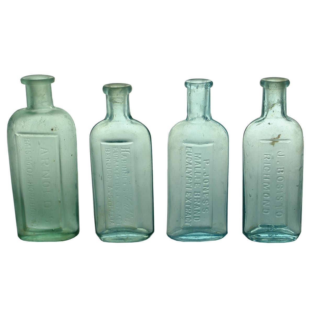 Four eucalyptus style bottles: Arnold's; Hardinge's; P. Jones's; J. Bosisto. (Victoria)