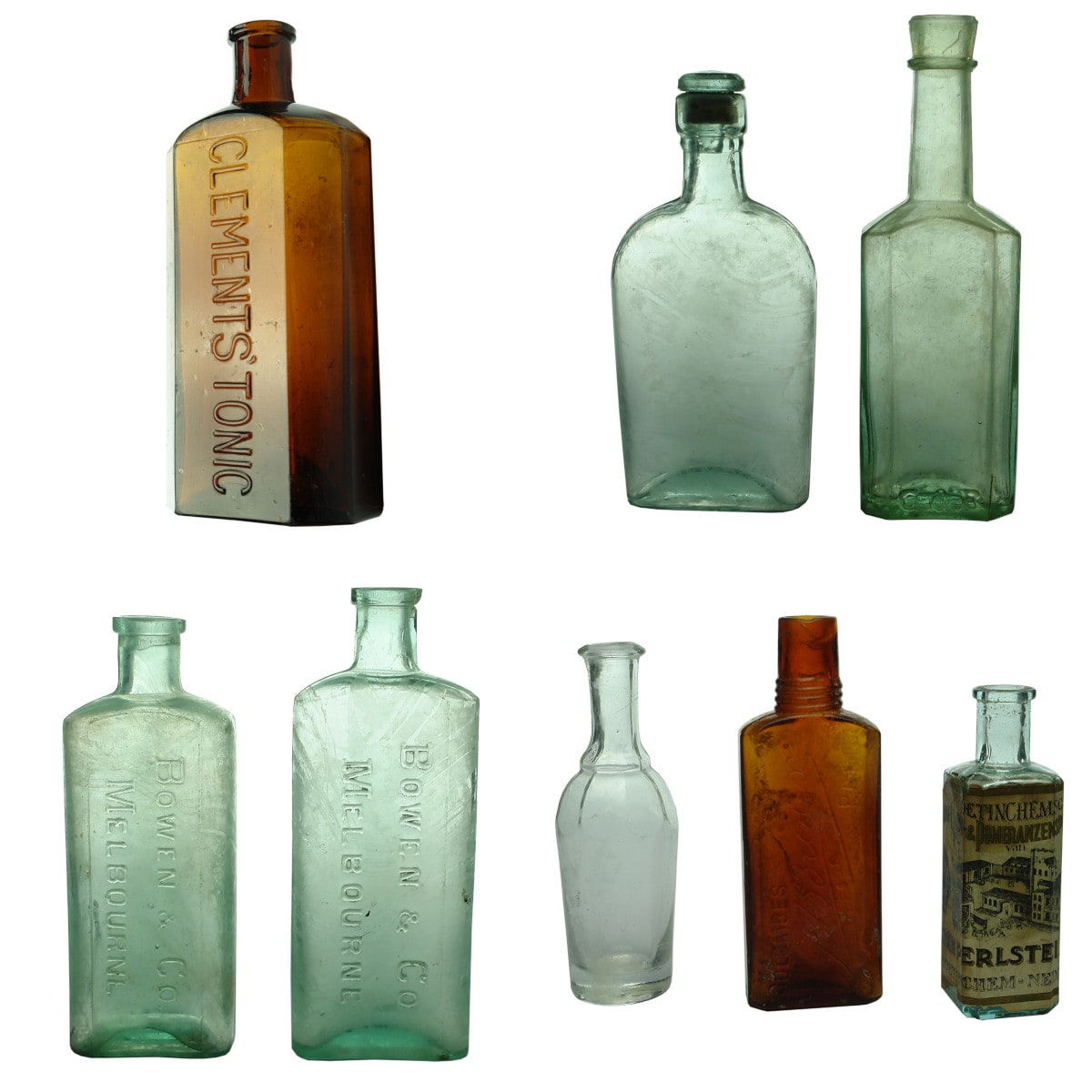 Eight Bottles: Clements Tonic; C & B sauce; Whisky Flask; 2 x Bowen, Melbourne; Colombes; Pontilled Essence; Labelled Pomeranzenbitter