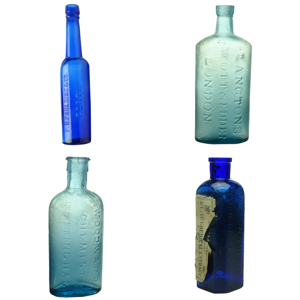 Four Blue Bottles: Faulding, Perth Castor Oil; Langtons, Scott & Edden; Woodward, Nottingham; Day Son & Hewitt.