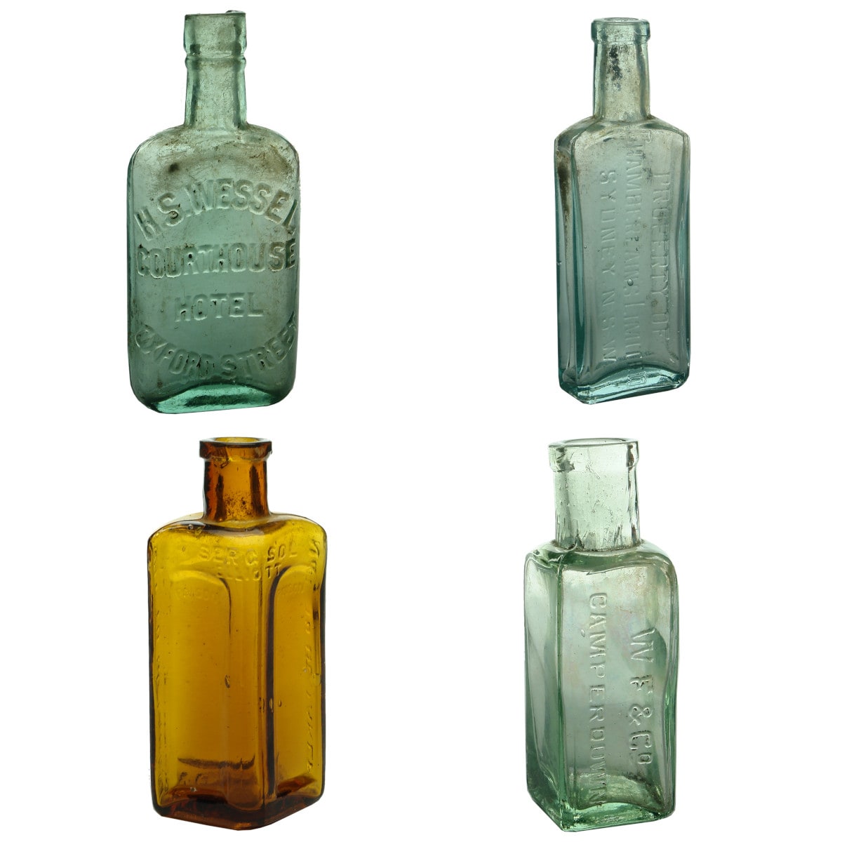 Four small Sydney bottles: Wessel, Courthouse Hotel Flask; Chamberlains Cure; Elliott Sergsol Poison; W F & Co Camperdown Boot Polish. (New South Wales)