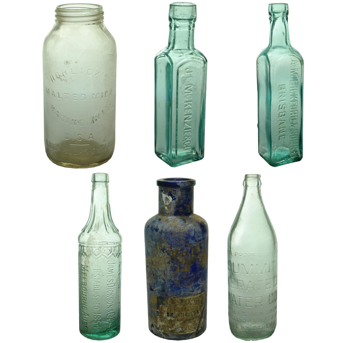 Miscellaneous. Horlick's Malted Milk Jar; McKenzie & Co coffee essence; Bickford & Sons Ltd, Brisbane coffee essence; James Dickson, Melbourne cordial; cobalt Schering, Berlin labelled jar; Summit Aerated Water Co, North Coburg Crown Seal.