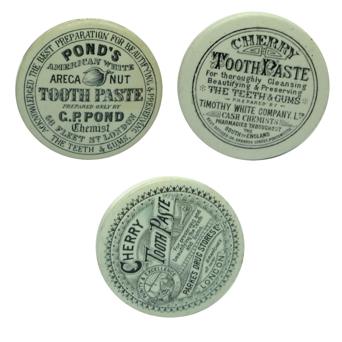 Three Pot Lids. Pond's Tooth Paste; Timothy White Tooth Paste & Parke's Drug Stores Tooth Paste.