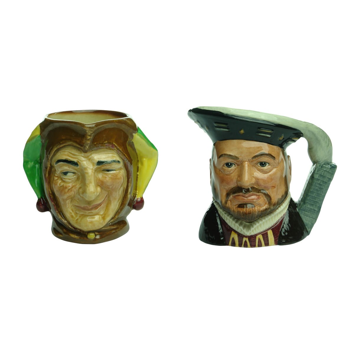 Pair of Royal Doulton Toby Jugs: Court Jester & Henry VIII.