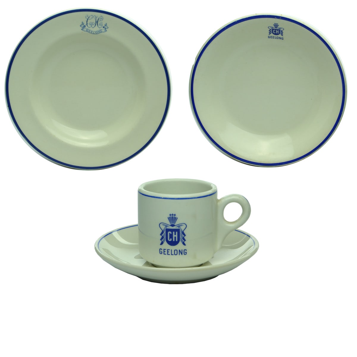 4 Pieces of Hotel Ware. CH Geelong with a crest. Bowls, Cup & Saucer. (Victoria)