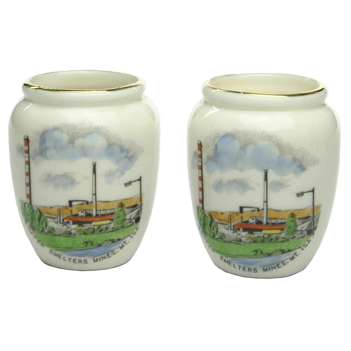 Souvenir Ware. Pair of small vases of Copper Smelters Mines Mt. Isa. (Queensland)