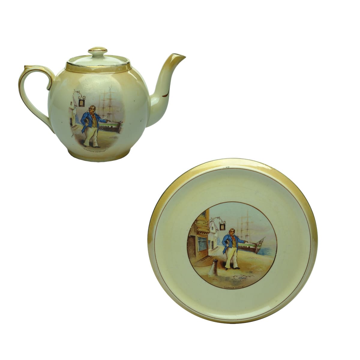 Teapot, Lid and drip plate. Dickens theme. Grimwade's London. Made for Tunbridge's Ballarat. (Victoria)