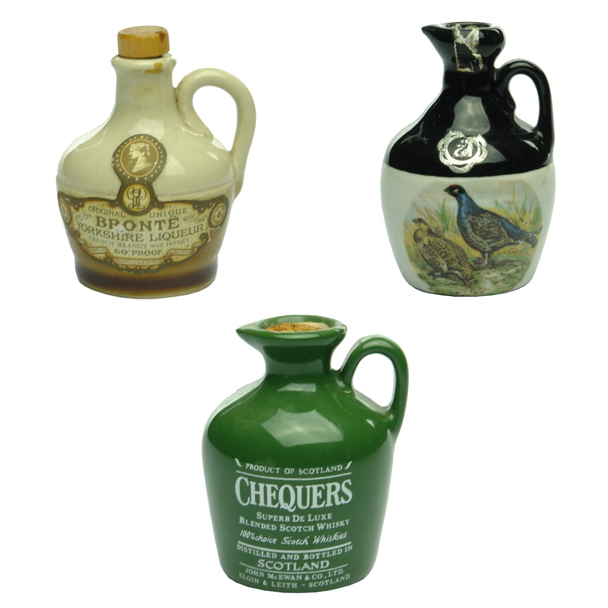 Three Sample Jugs: Bronte Yorkshire Liqueur; Grouse & Chequers Scotch Whisky.