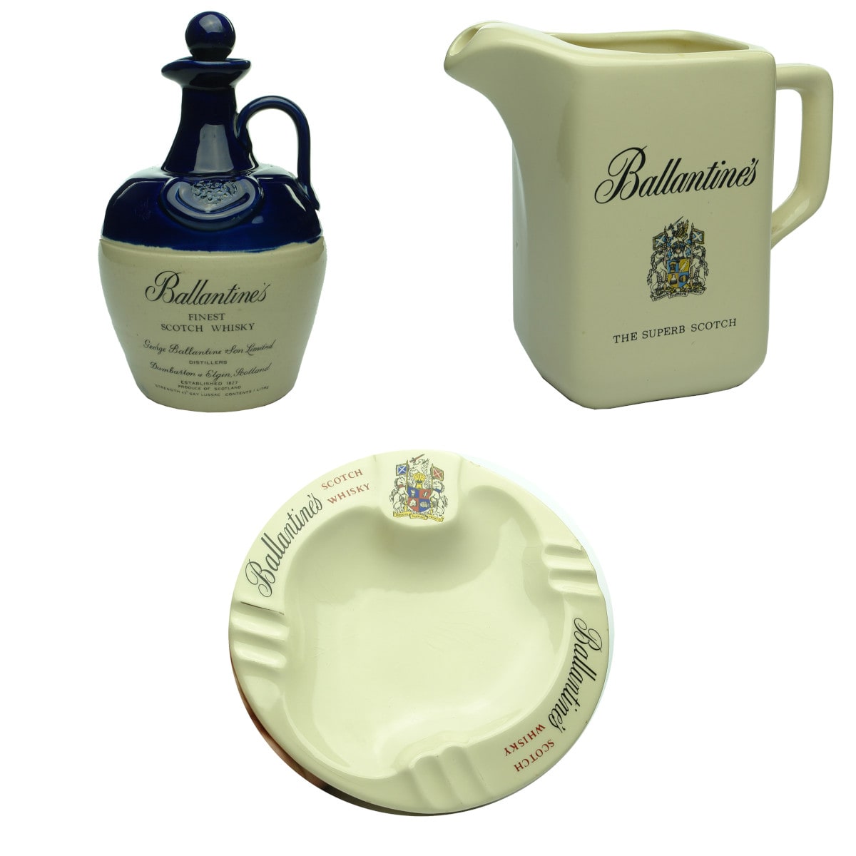 Three Ballantine's Scotch Whisky Items. 2 x Jugs and an Ashtray.