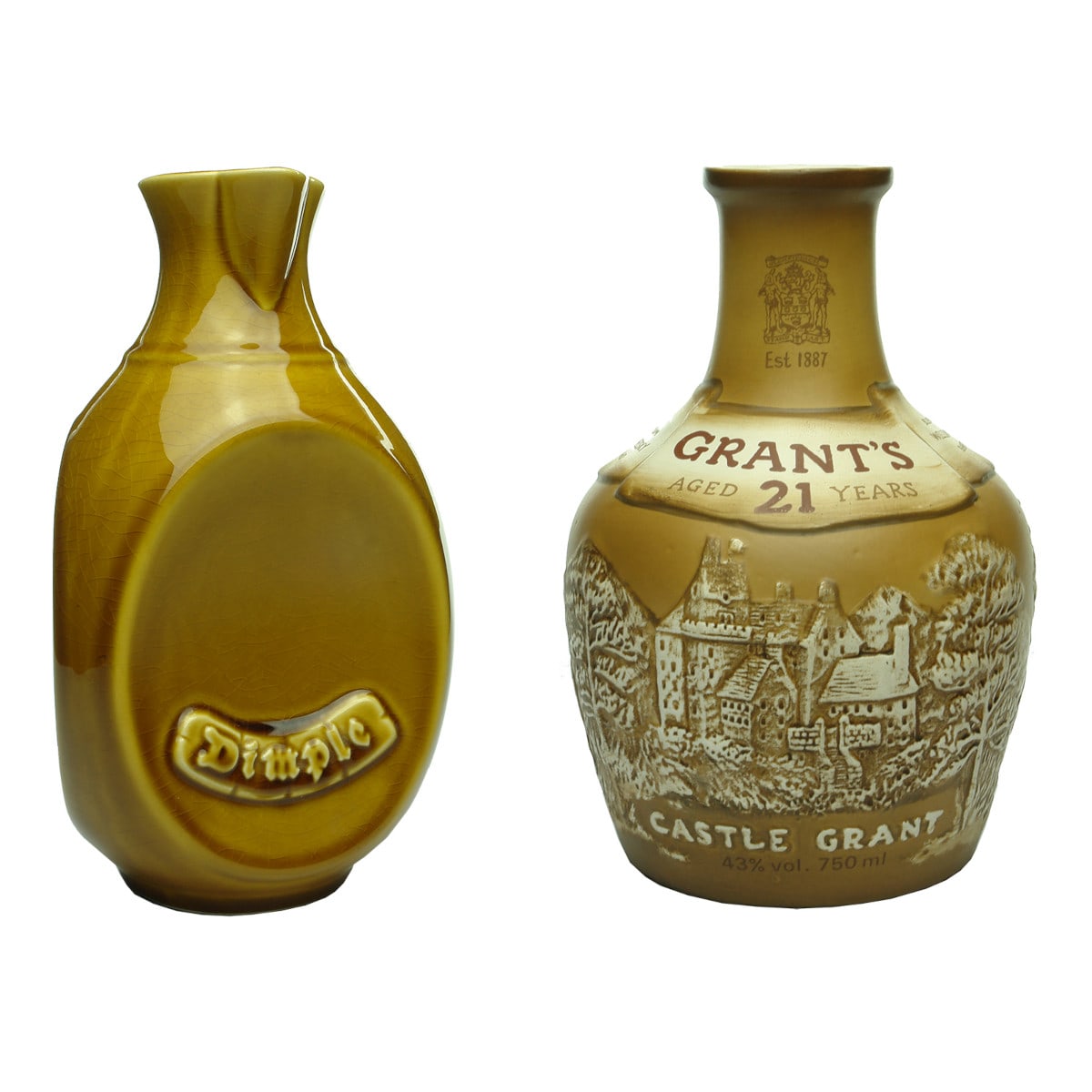 Two Water Carafes. Dimple (Scotch Whisky). All tan & Grant's Scotch Whisky. Doulton Tableware 1981.