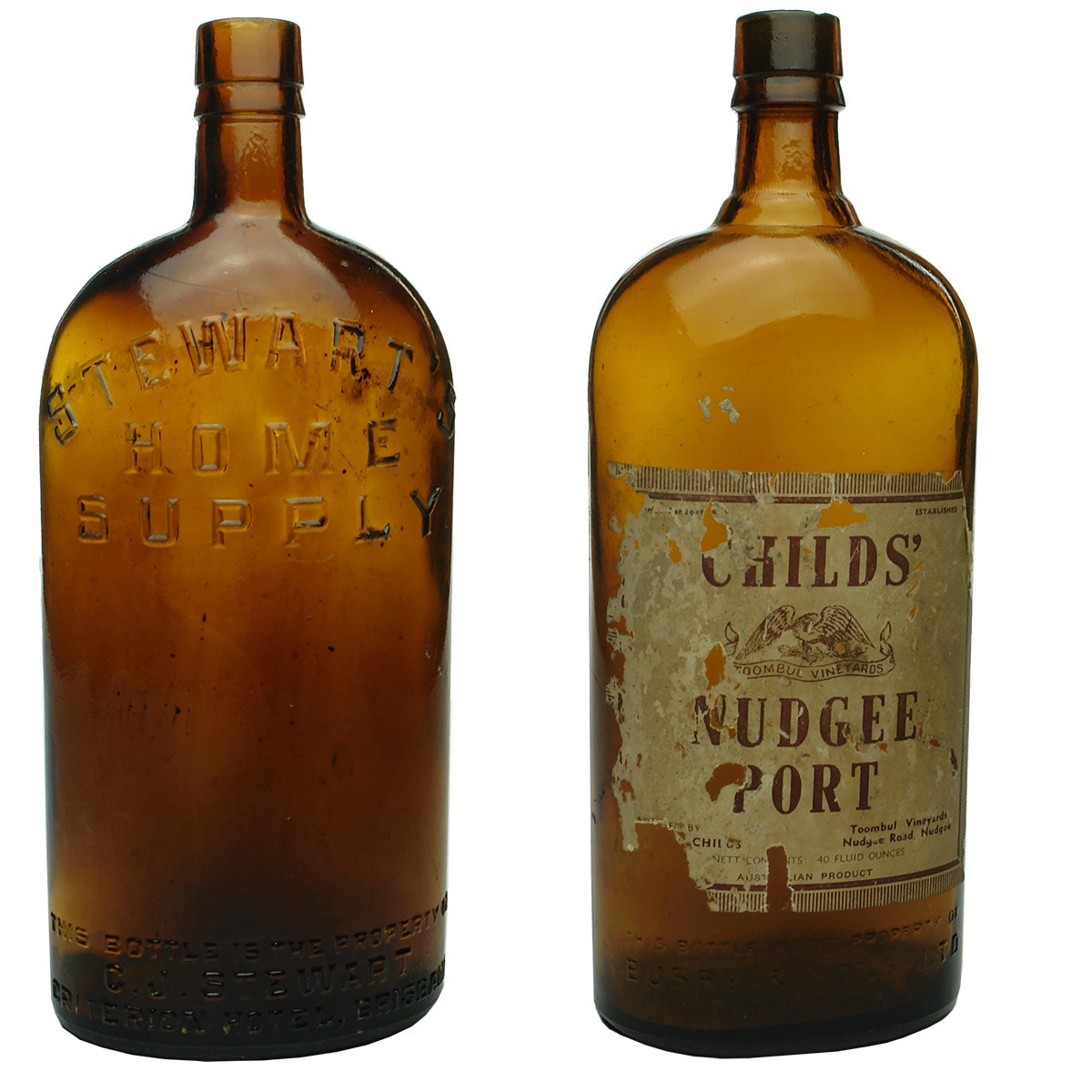 Two Quart Spirits Bottles: Stewart, Criterion Hotel, Brisbane and Busby & Sons, Brisbane. (Queensland)