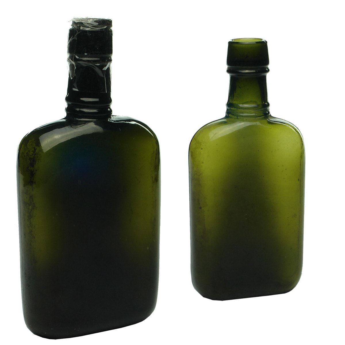 Large and small dark green Whisky Flasks.