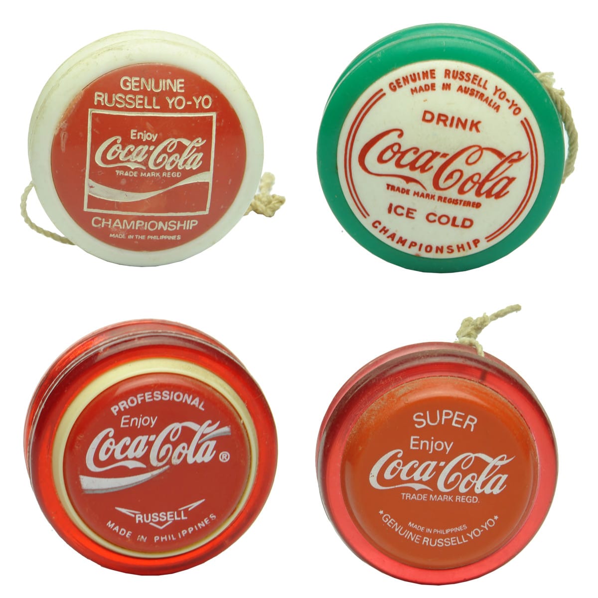 Four different Russell Coca-Cola Coke Yo-yos.