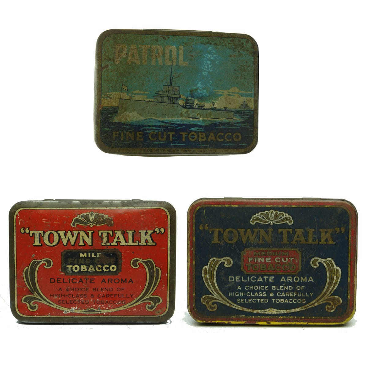 Three Tobacco Tins: Patrol, Dudgeon & Arnell, Melbourne and Pair of Town Talk Tobacco Tins