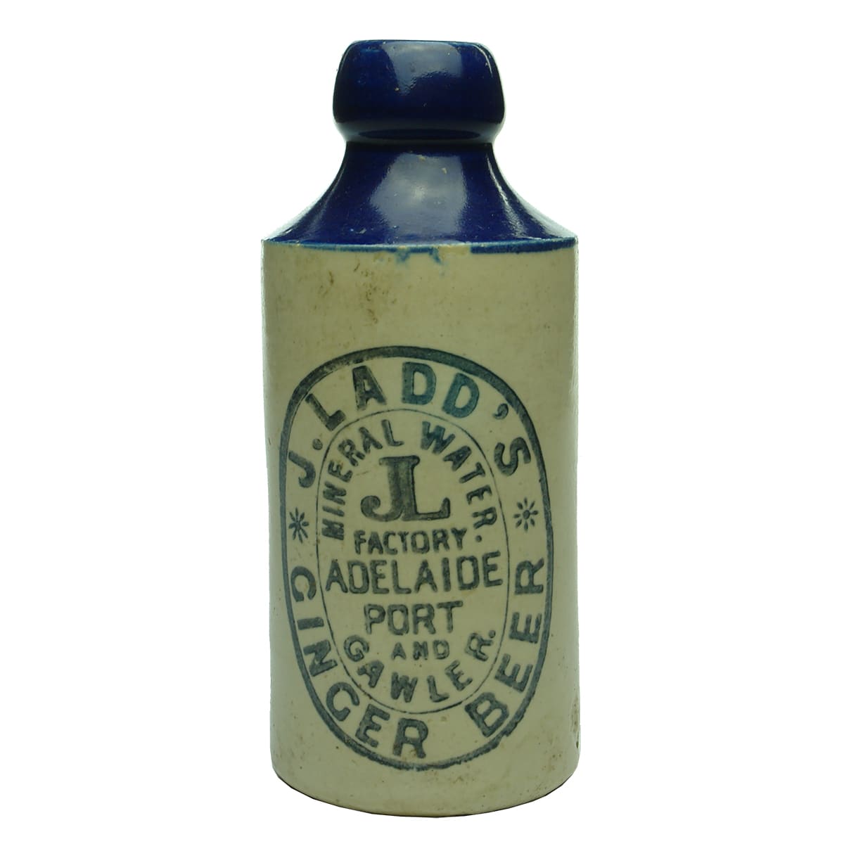 Ginger Beer. J. Ladd's, Adelaide, Port and Gawler. Cork stopper. Blue Top. 10 oz. (South Australia)