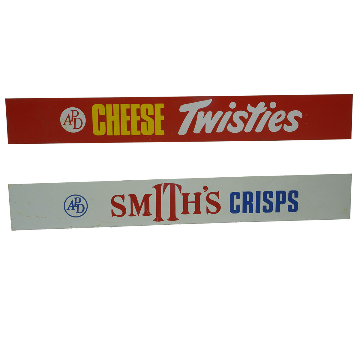 Pair of thin display tin signs. APD Cheese Twisties and Smiths Crisps.