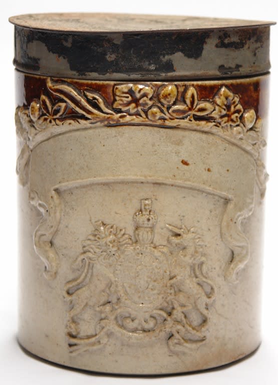 Stoneware Tobacco Jar Coat of Arms Tin Lid