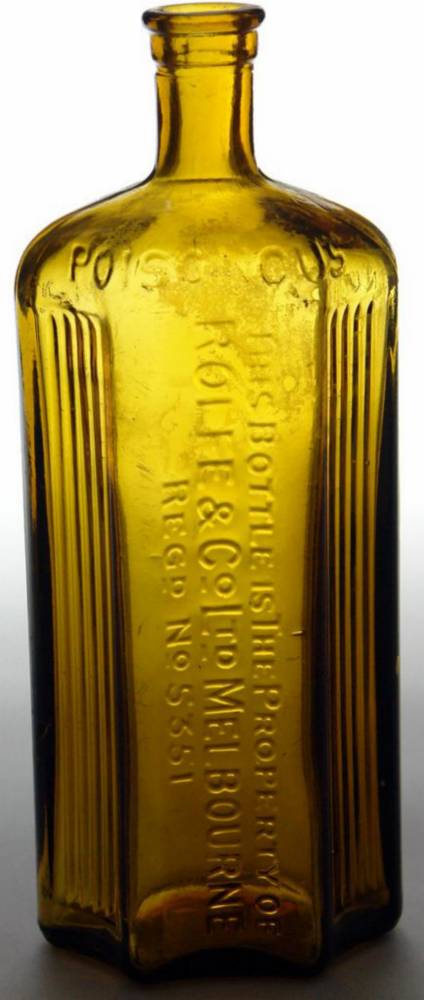 Rolfe Melbourne Registered Amber Glass Poison Bottle