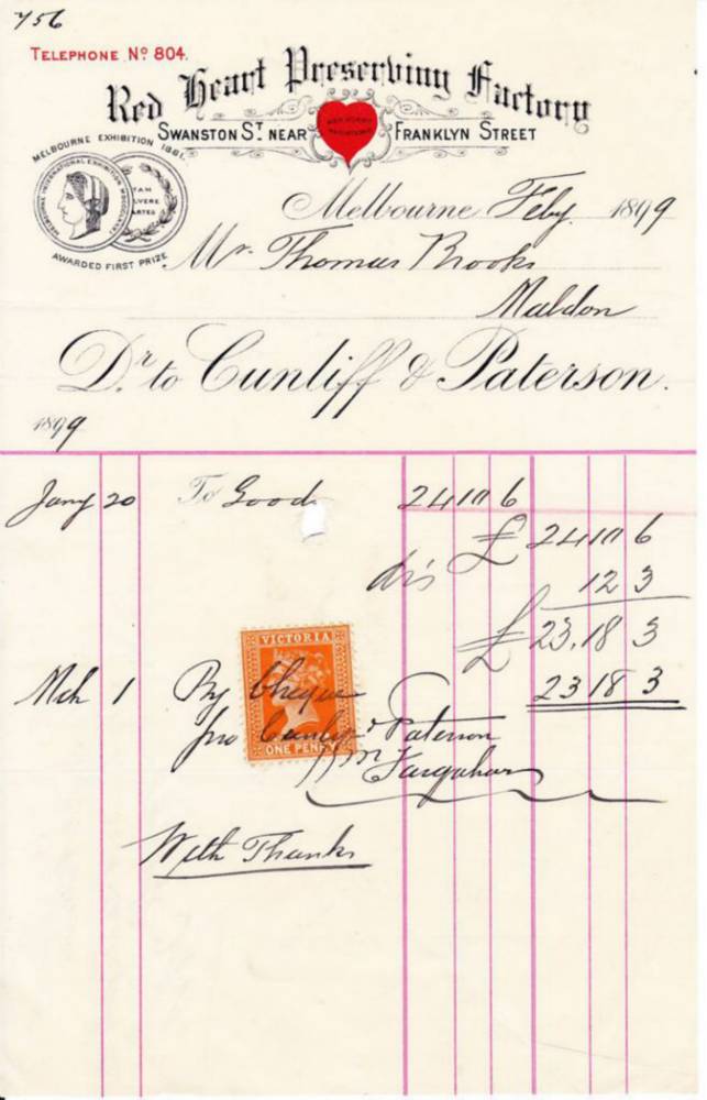 Red Heart Preserving Factory Cunliff Paterson Melbourne Letterhead