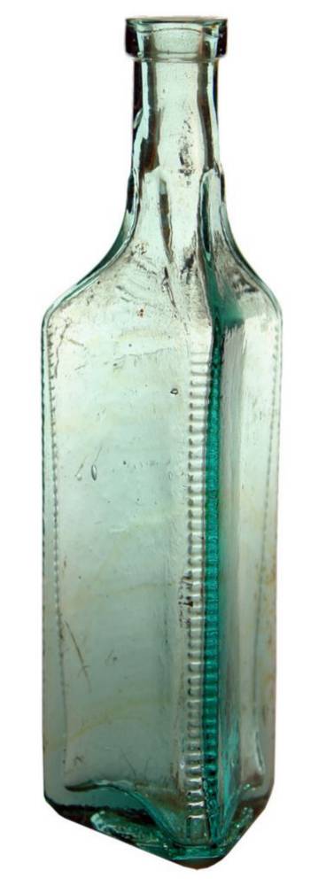 Triangular ribbed aqua glass bottle