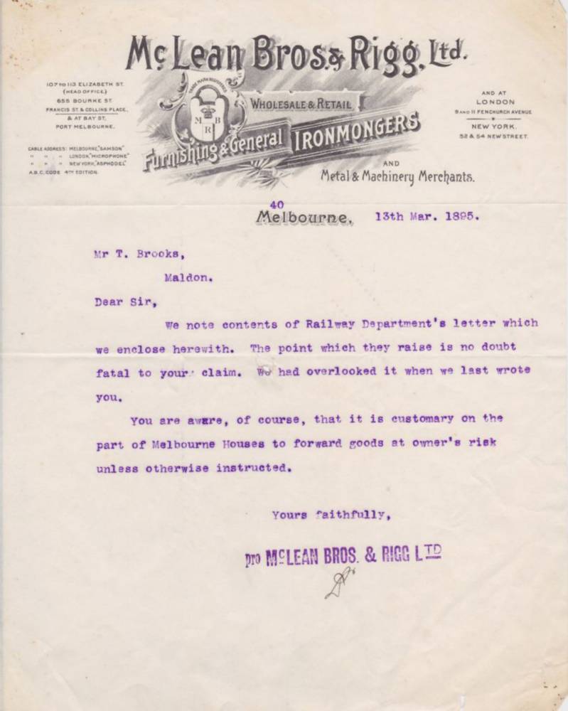 McLean Bros Rigg Melbourne Letterhead Ephemera