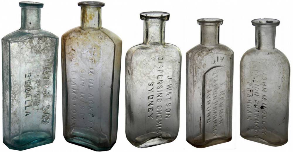 Collection Vintage Old Chemist Prescription Bottles